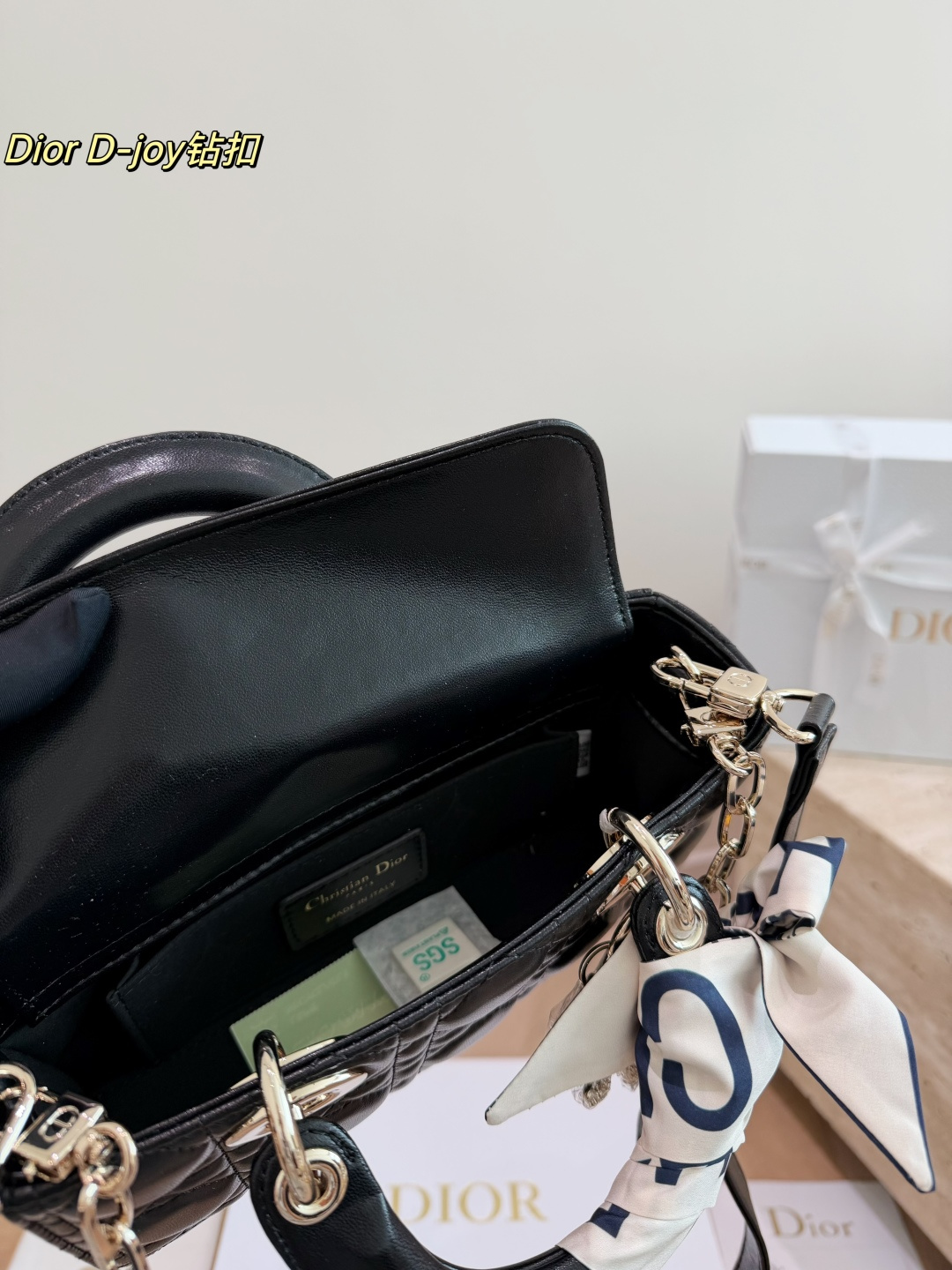 Dior Lady D-Joy Bag in Black Cannage Leather with Crystal Charm & Twilly (22x12cm)
