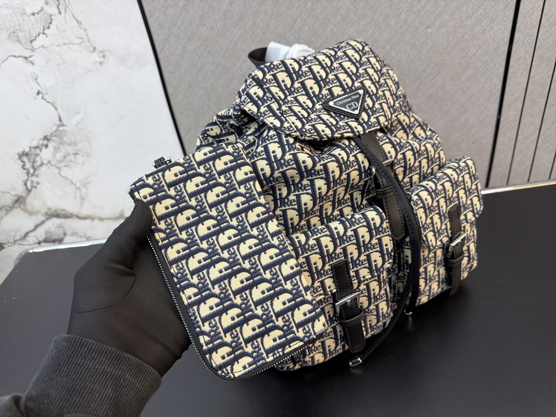 Dior Oblique Jacquard Backpack with Black Leather Trim (32x28cm) - With Dust Bag