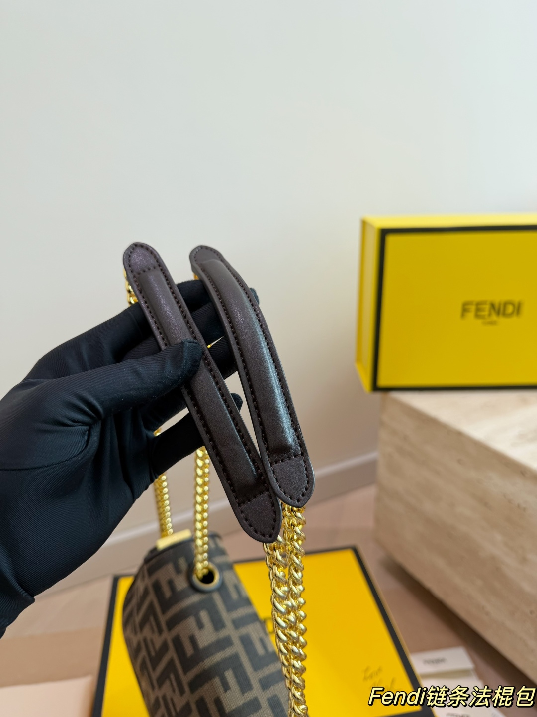 Fendi FF Monogram Canvas Chain Underarm Bag (Structured Baguette Style)