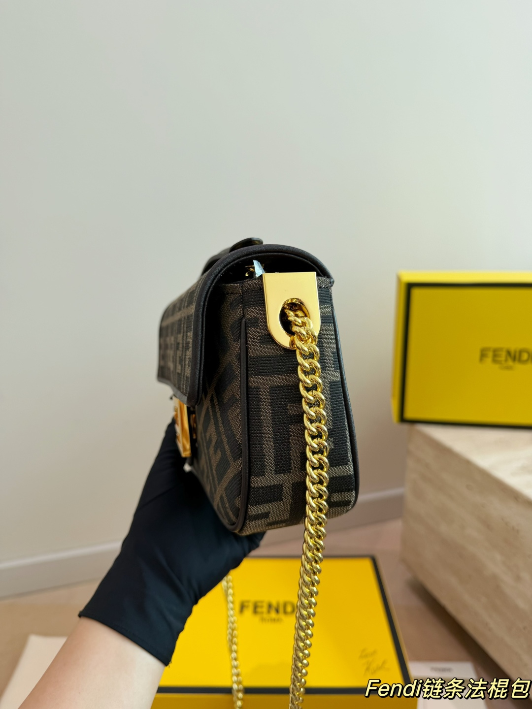 Fendi FF Monogram Canvas Chain Underarm Bag (Structured Baguette Style)