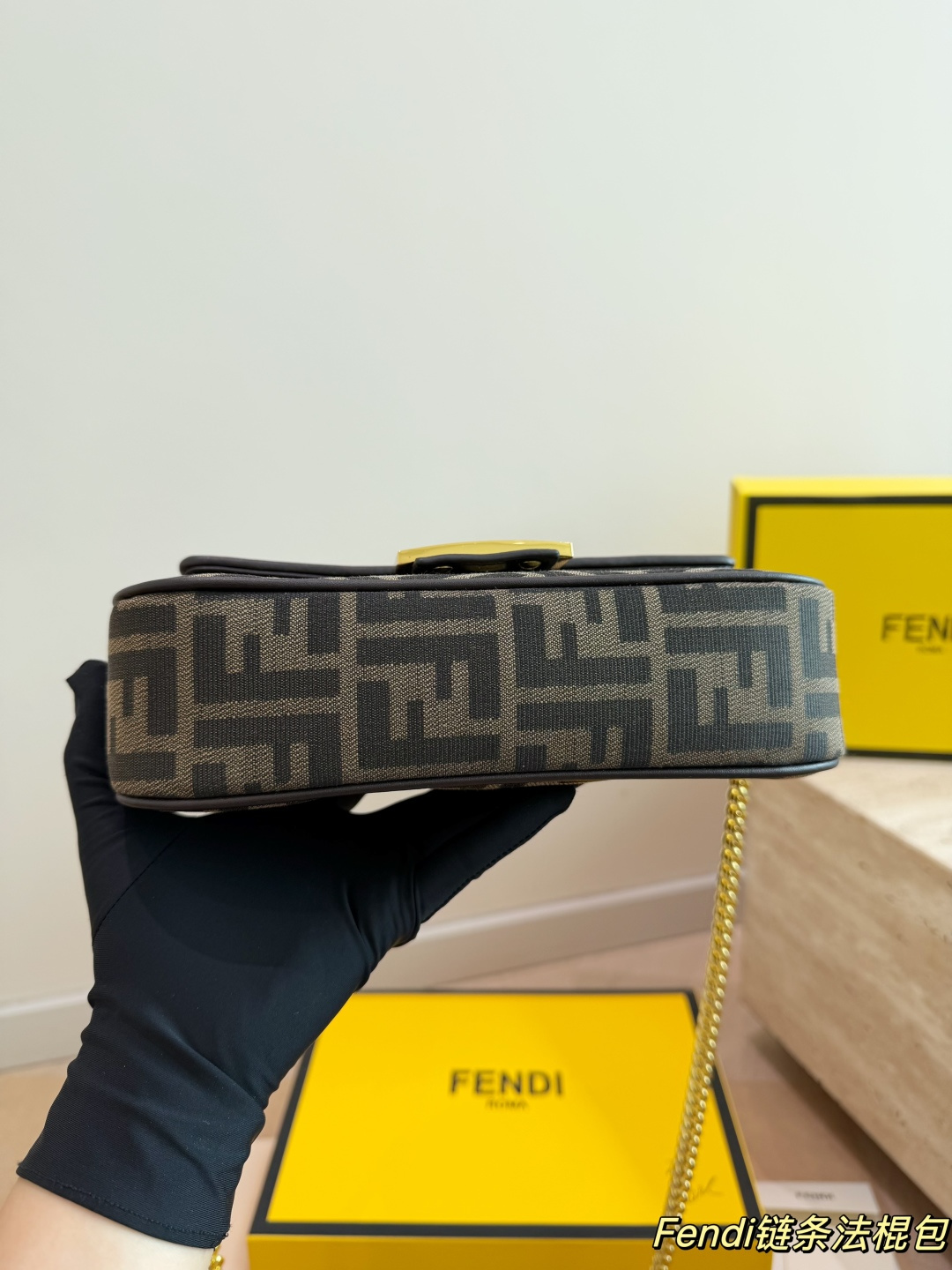 Fendi FF Monogram Canvas Chain Underarm Bag (Structured Baguette Style)