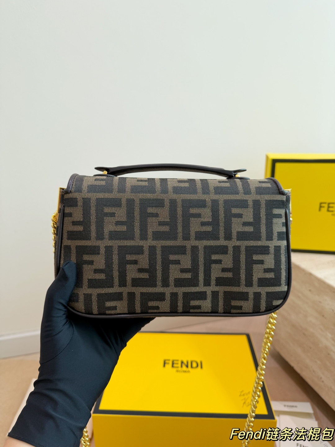 Fendi FF Monogram Canvas Chain Underarm Bag (Structured Baguette Style)
