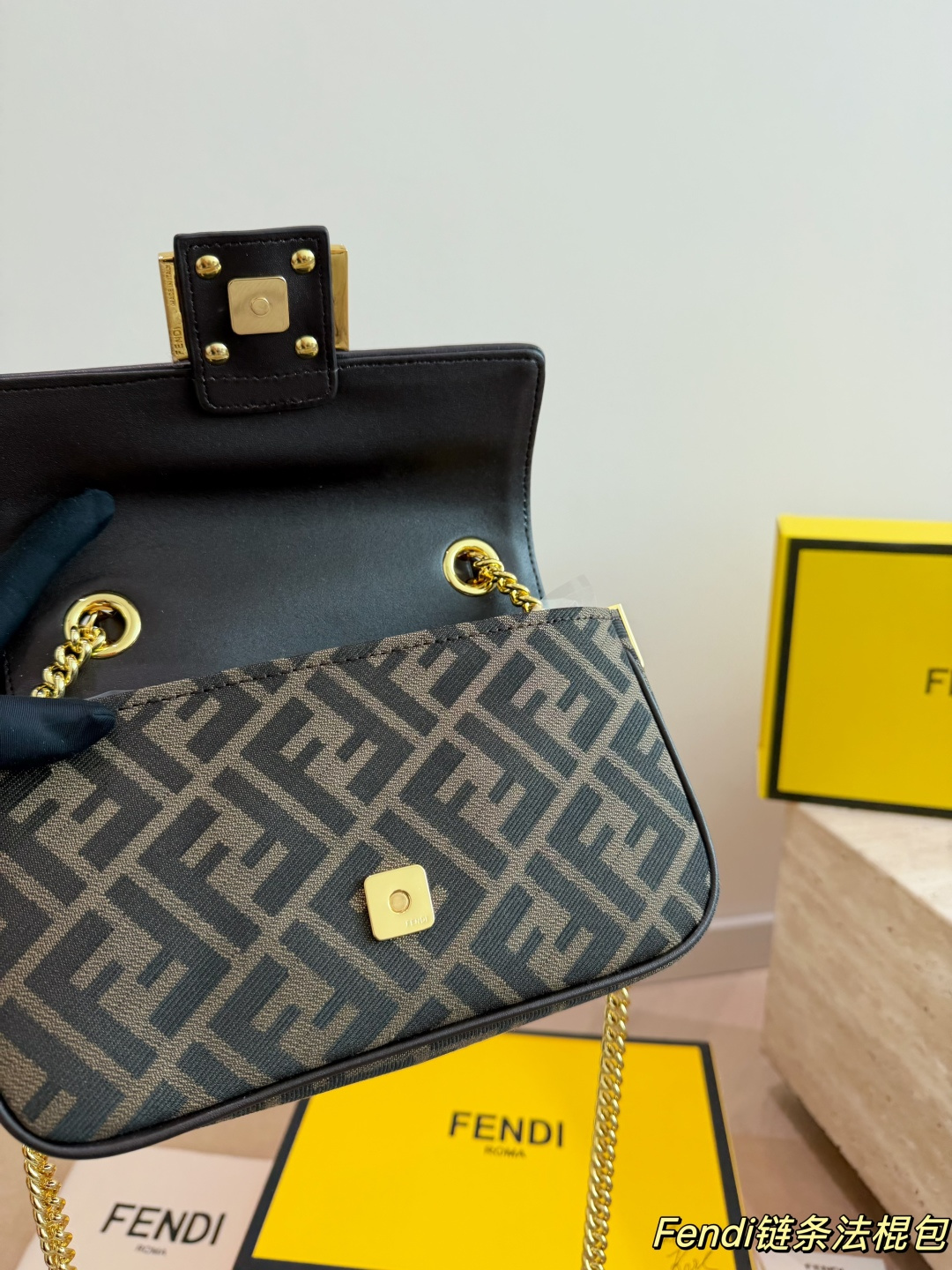 Fendi FF Monogram Canvas Chain Underarm Bag (Structured Baguette Style)