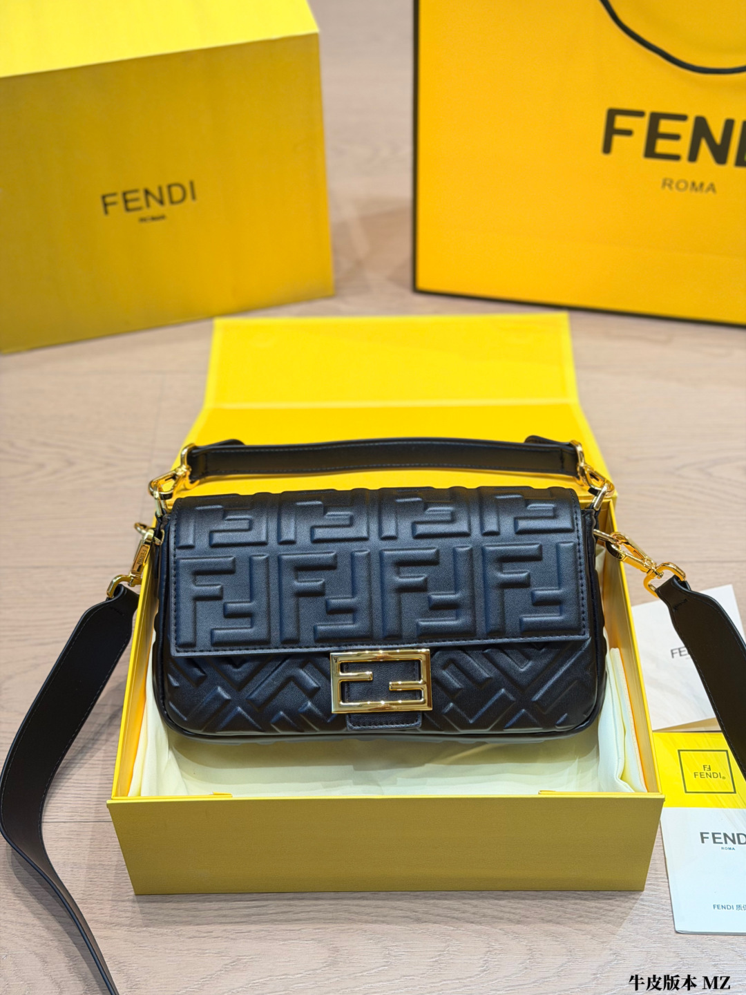 Premium FF Embossed Nappa Leather Baguette Bag (Black & Gold Edition)