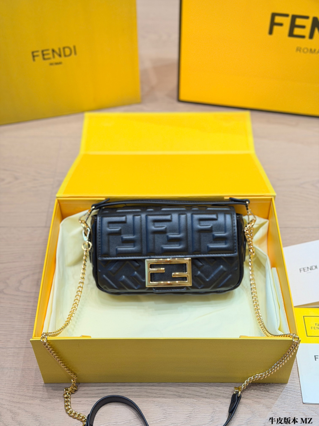 Premium FF Embossed Nappa Leather Baguette Bag (Black & Gold Edition)
