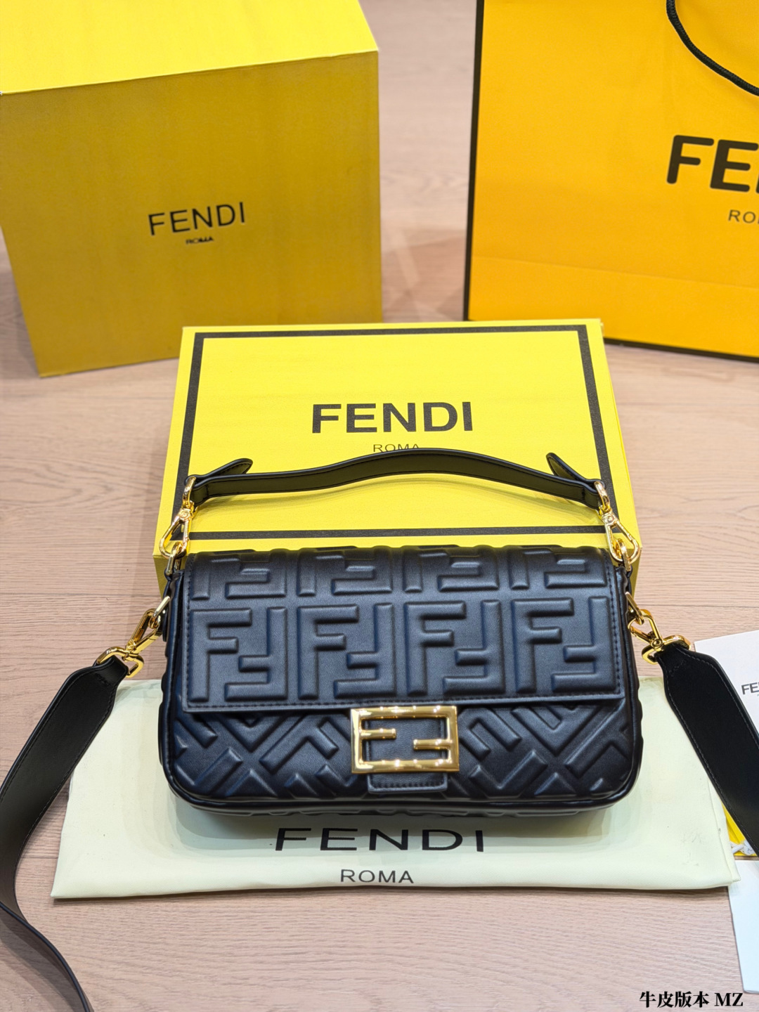 Premium FF Embossed Nappa Leather Baguette Bag (Black & Gold Edition)