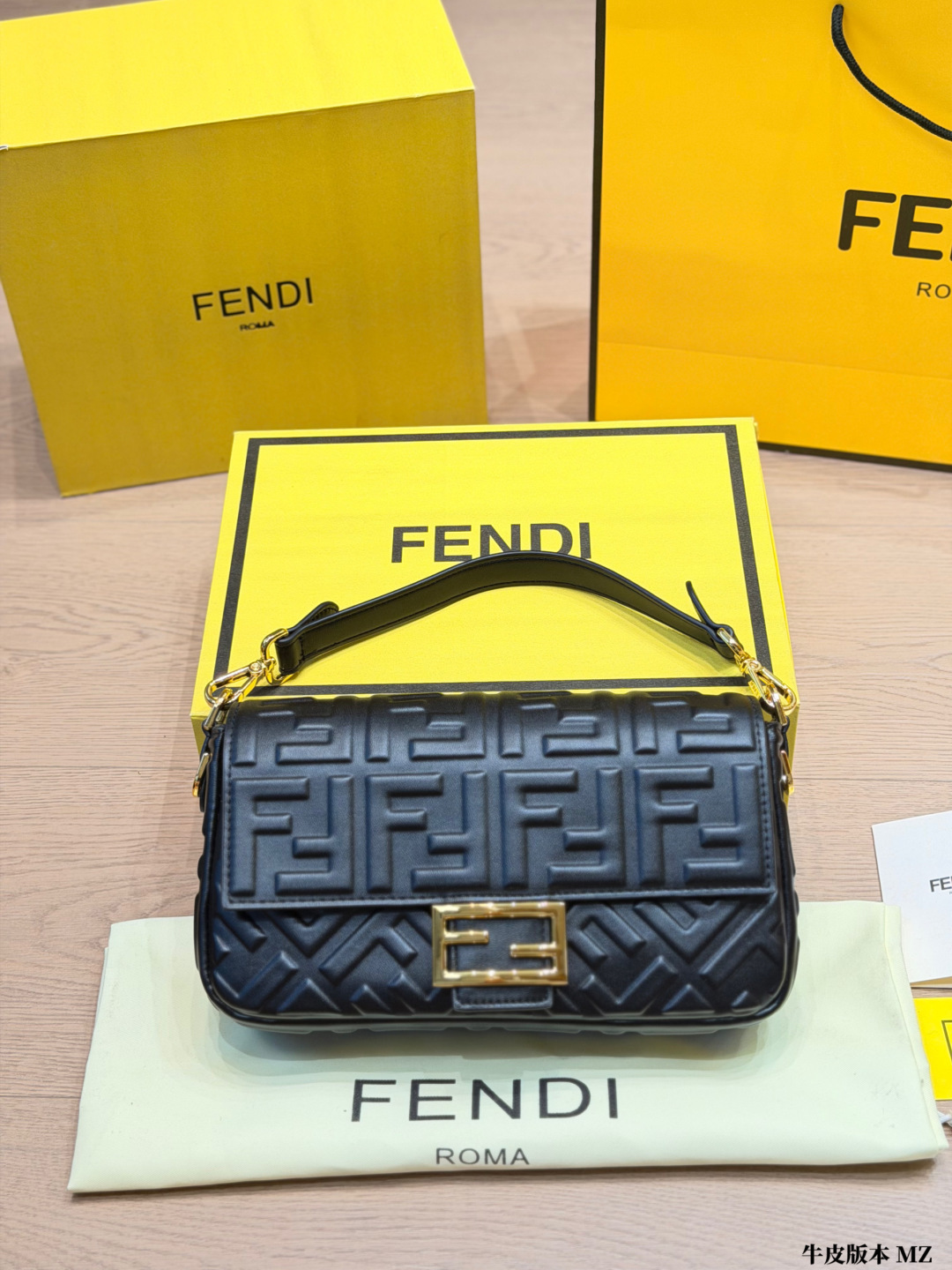 Premium FF Embossed Nappa Leather Baguette Bag (Black & Gold Edition)
