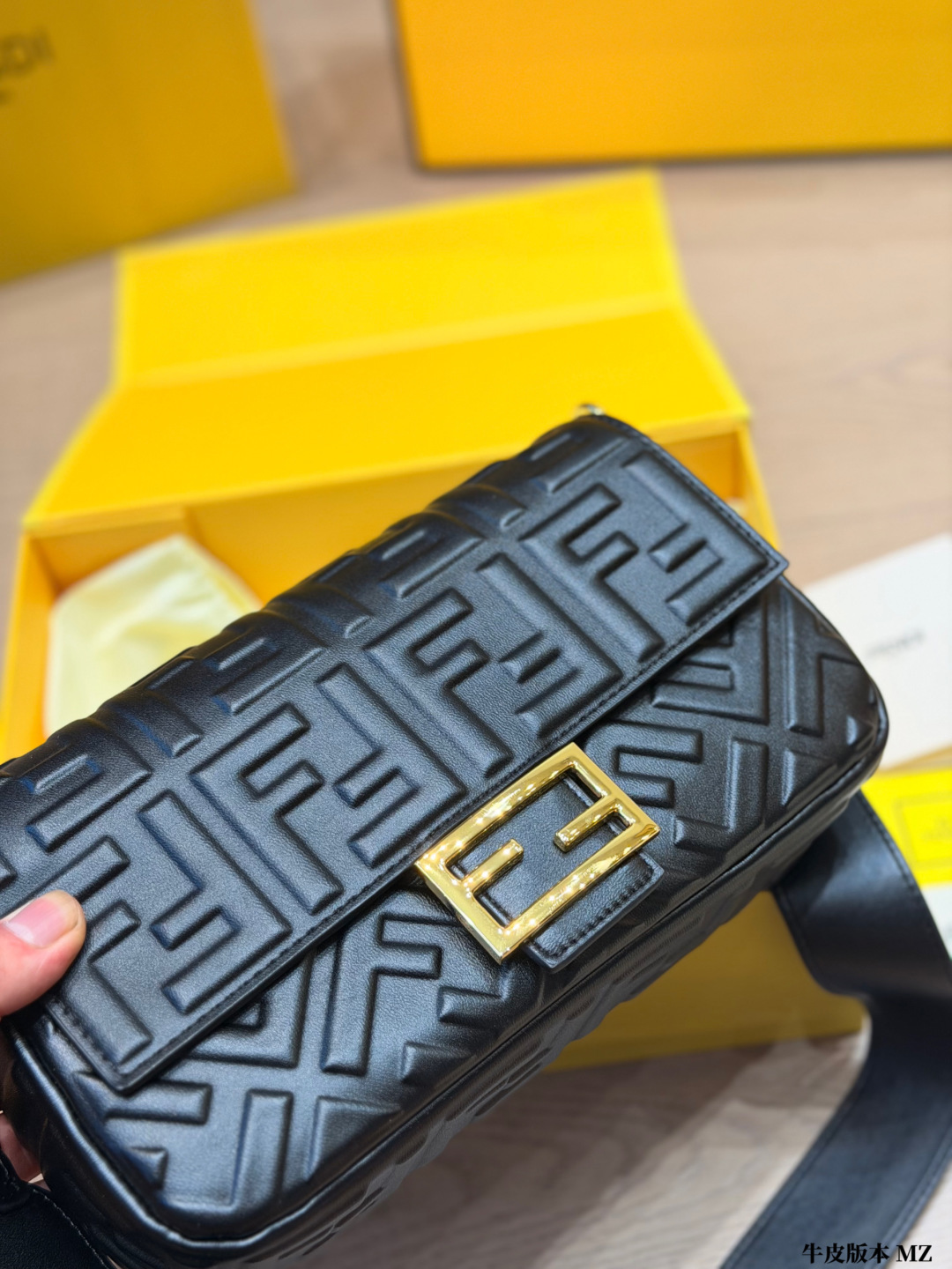Premium FF Embossed Nappa Leather Baguette Bag (Black & Gold Edition)