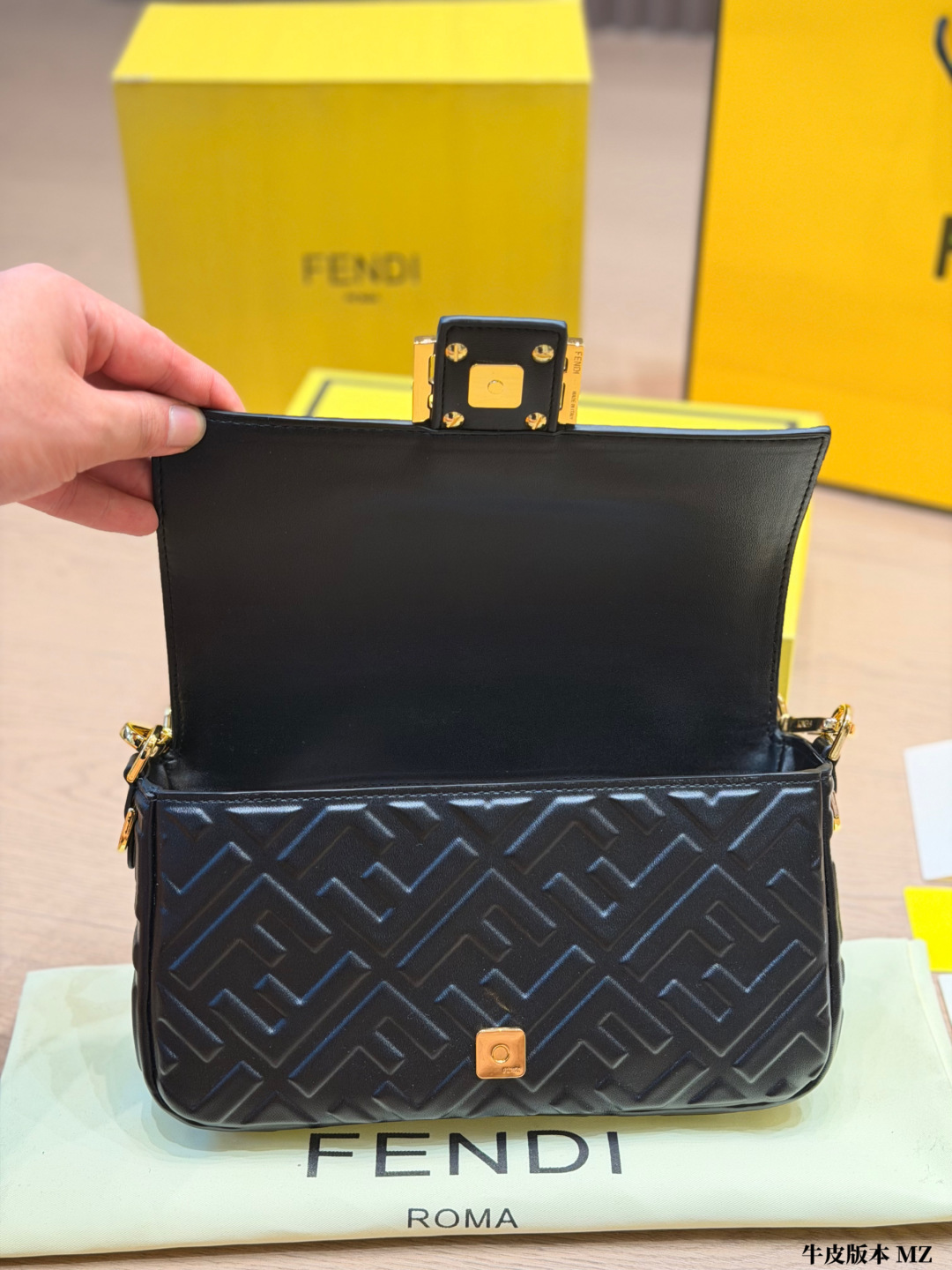 Premium FF Embossed Nappa Leather Baguette Bag (Black & Gold Edition)