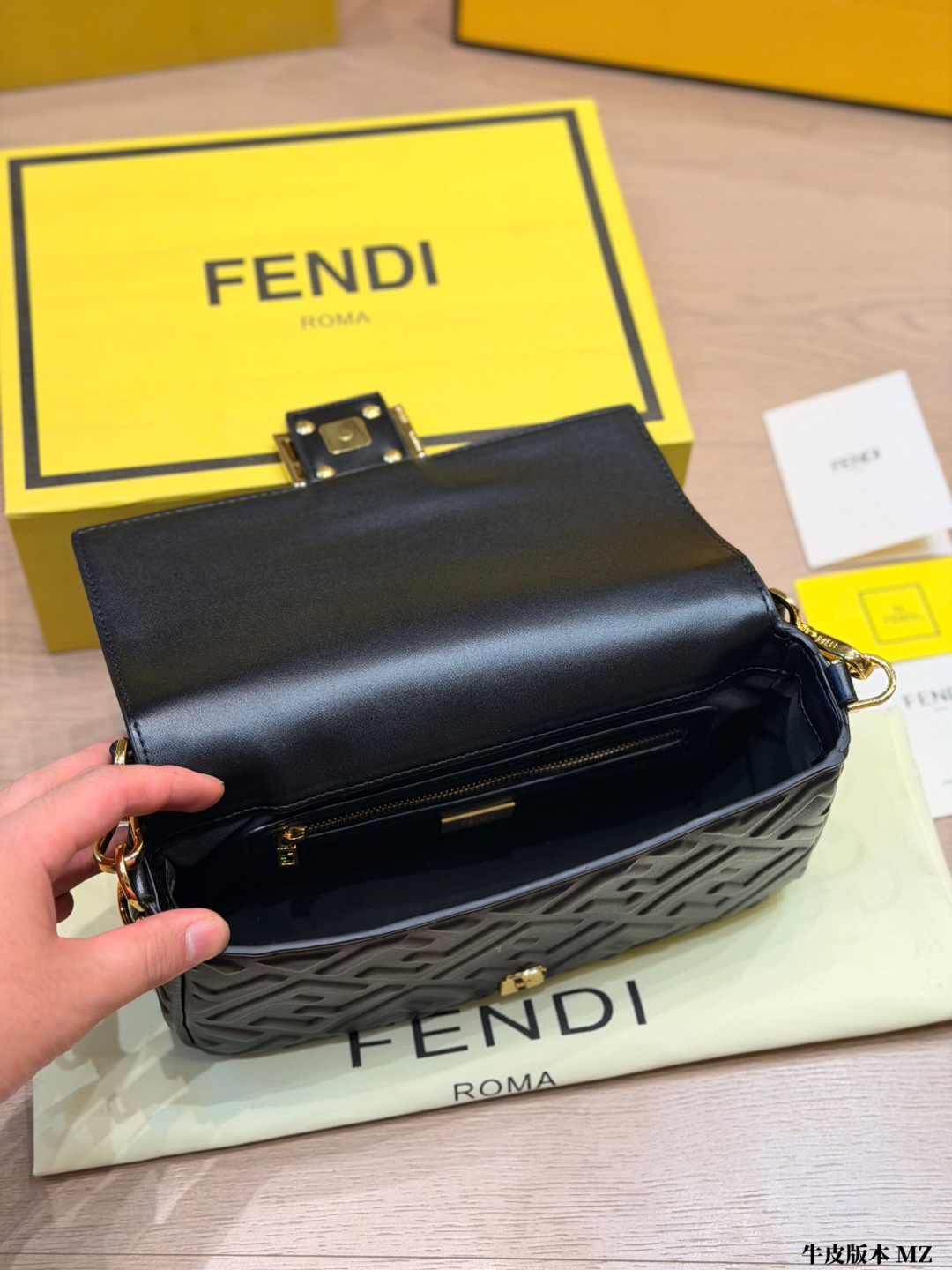 Premium FF Embossed Nappa Leather Baguette Bag (Black & Gold Edition)