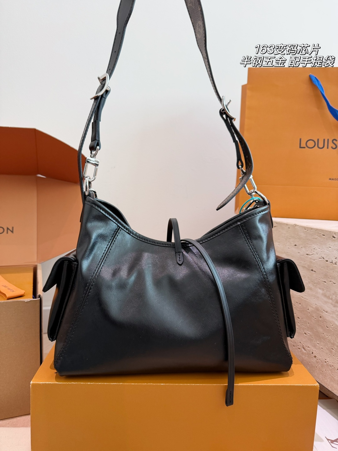 Louis Vuitton Carryall Black Lambskin Shoulder Bag (Edgy "Black Knight" Edition)