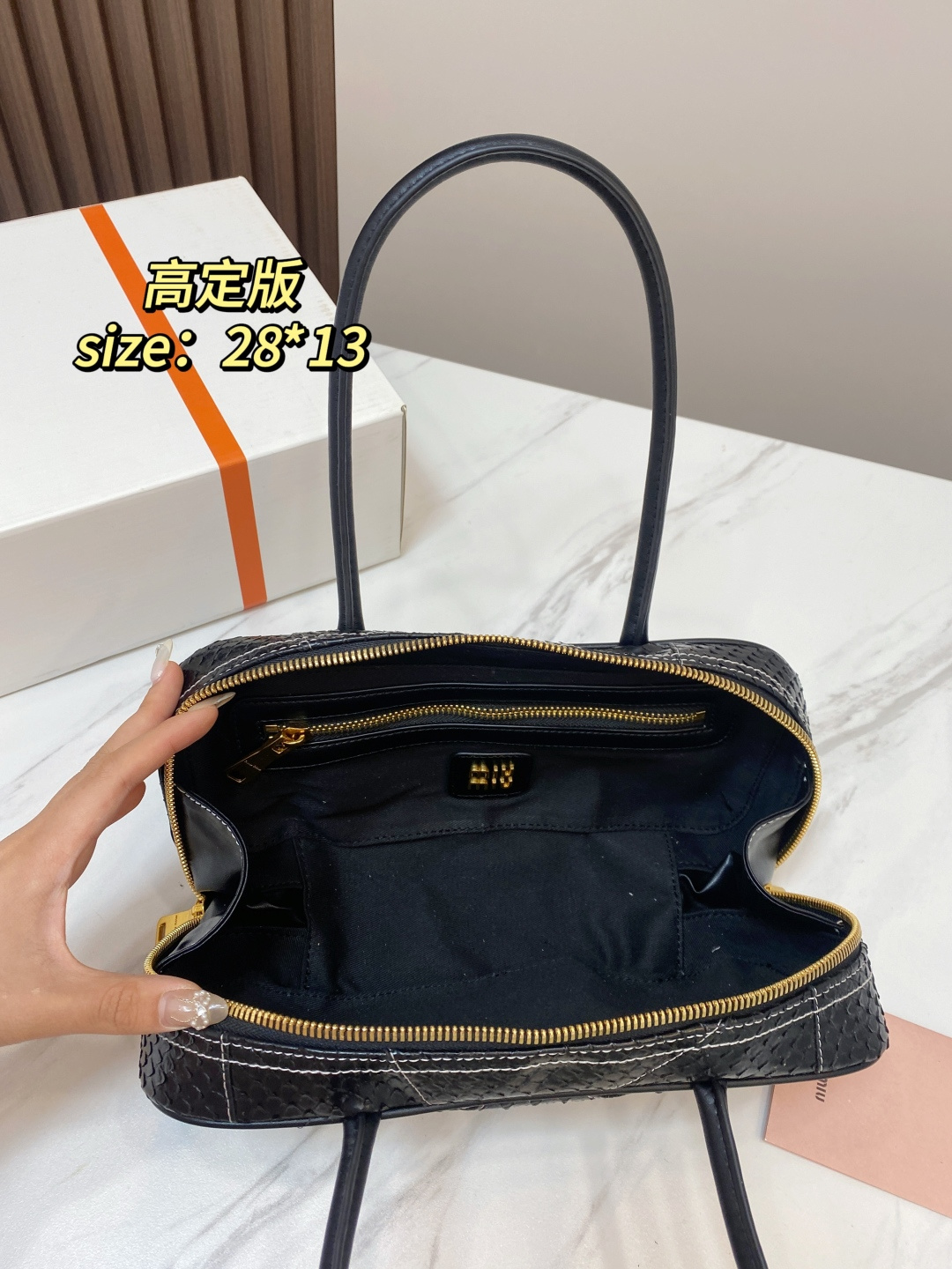 Premium Black Textured Leather Long Bowling Bag (White Stitch Edition)